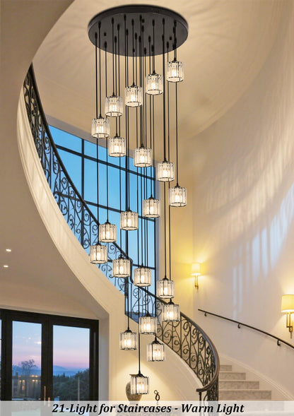 Meimond Long Chandeliers for High Ceilings,Modern Crystal Pendant Light,Raindrop Drop Lamp,Hanging Flush Mount Lighting Fixtures for Spiral Staircase,Foyer,Entryway,Living Room,Black (21 Lights)