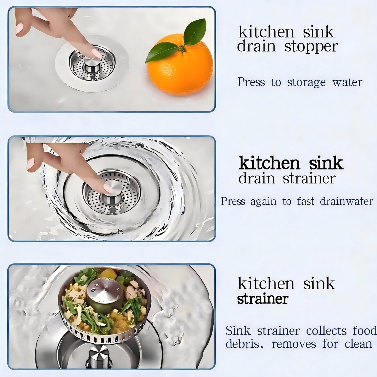 GanLiving 3-in-1 Kitchen Sink Drain Strainer Stopper, 304 Stainless Steel Pop Up Drain Plug, Anti-Clog Odor Prevention Sink Basket, Tool-Free Easy Install, Fits US Standard 3-1/2" Drain Hole,2 Pack