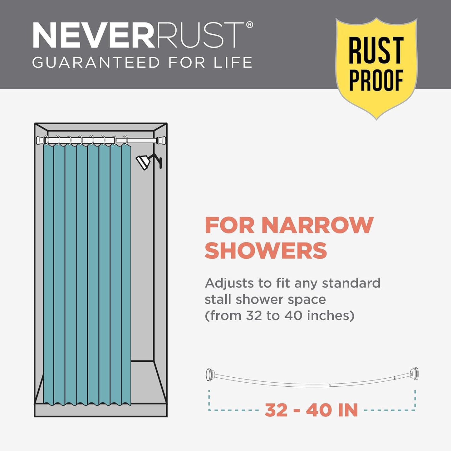 Zenna Home Rustproof Curved Shower Curtain Rod for Small Tubs, Adjustable 32 to 40 Inches, Brushed Nickel