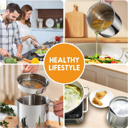 Chihee Grease Container Stainless Steel Bacon Grease Saver with Fine Mesh Strainer 2L / 67.6 fl oz Cooking Oil Keeper Stoarge Can with Dust-proof Lid Non-slip Tray for Kitchen Frying