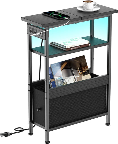 1 Creso hom Narrow Side Table with Charging Station and LED Light, Small End Table with Fabric Drawer, Skinny