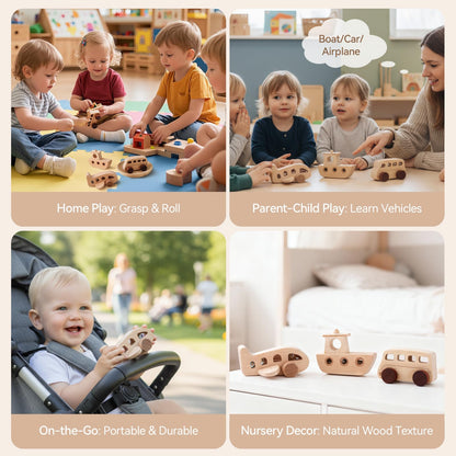 Wooden Cars for Toddlers 1-3, Wooden Vehicles Baby Cars Set with Bus, Airplane and Boat, Montessori Rattle Toys with Rolling Beads, Ideal for Boys and Girls
