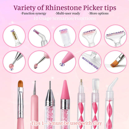 OCARDI 30Pcs Rhinestone Picker Tools for Bedazzling Kit - B7000 Jewelry Glue for Craft,9-in-1 System with 3 Picker Pens&9 Interchangeable Tips, Trays,Tweezers&Clay,All-in-One Diamond Art Painting Set