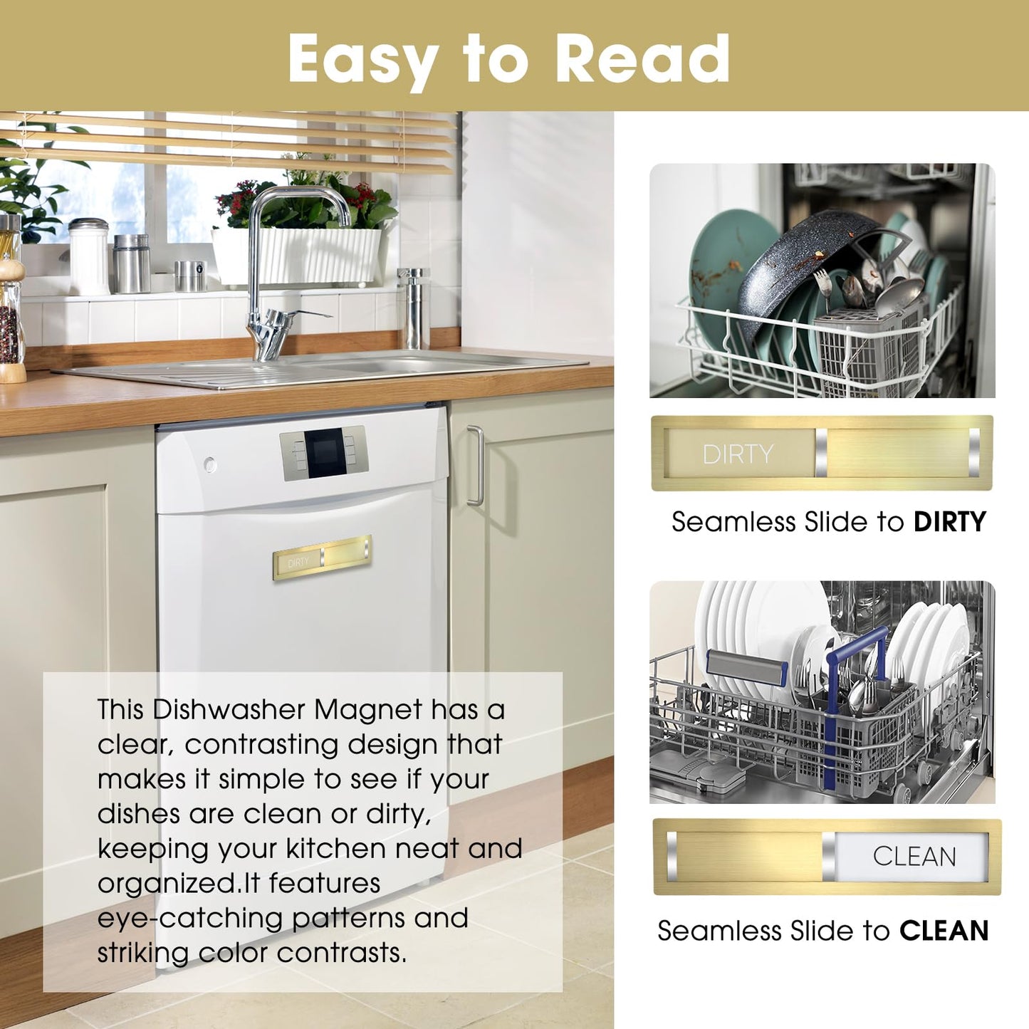 Clean Dirty Magnet for Dishwasher, Premium Stainless Steel 304, Dirty Clean Dishwasher Magnet for Kitchen Decor, Dishwasher Accessory, Birthday Gift for Mom Women Friend (Golden-03)