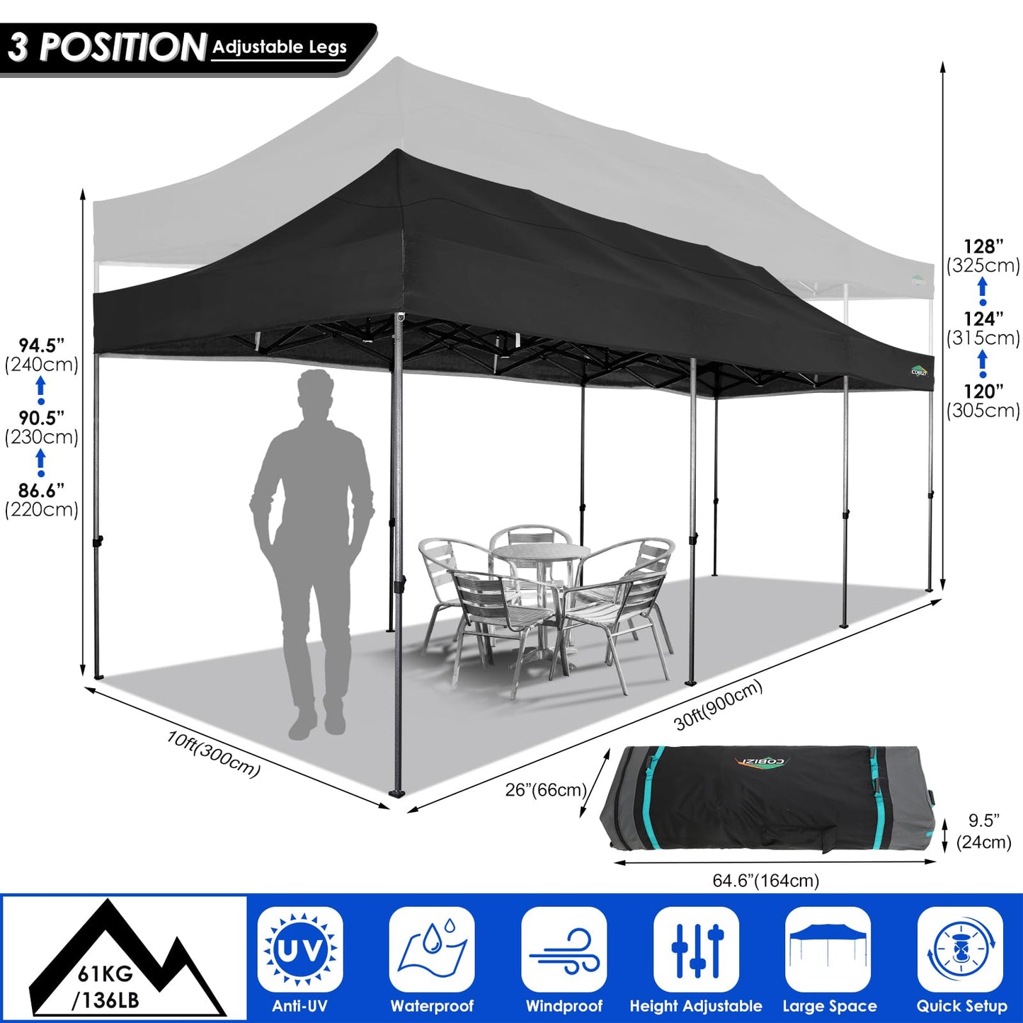 COBIZI 10x30 Pop up Canopy with 8 Removeable Sidewalls, Heavy Duty Party Tents for Parties, Events and Weddings, UPF 50+ Waterproof Commercial Tent with Roller Bag, Black (Windproof Upgraded)
