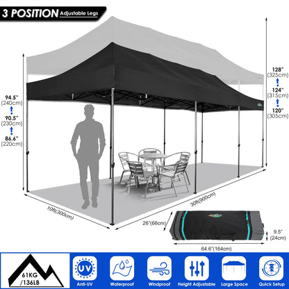 COBIZI 10x30 Pop up Canopy with 8 Removeable Sidewalls, Heavy Duty Party Tents for Parties, Events and Weddings, UPF 50+ Waterproof Commercial Tent with Roller Bag, Black (Windproof Upgraded)
