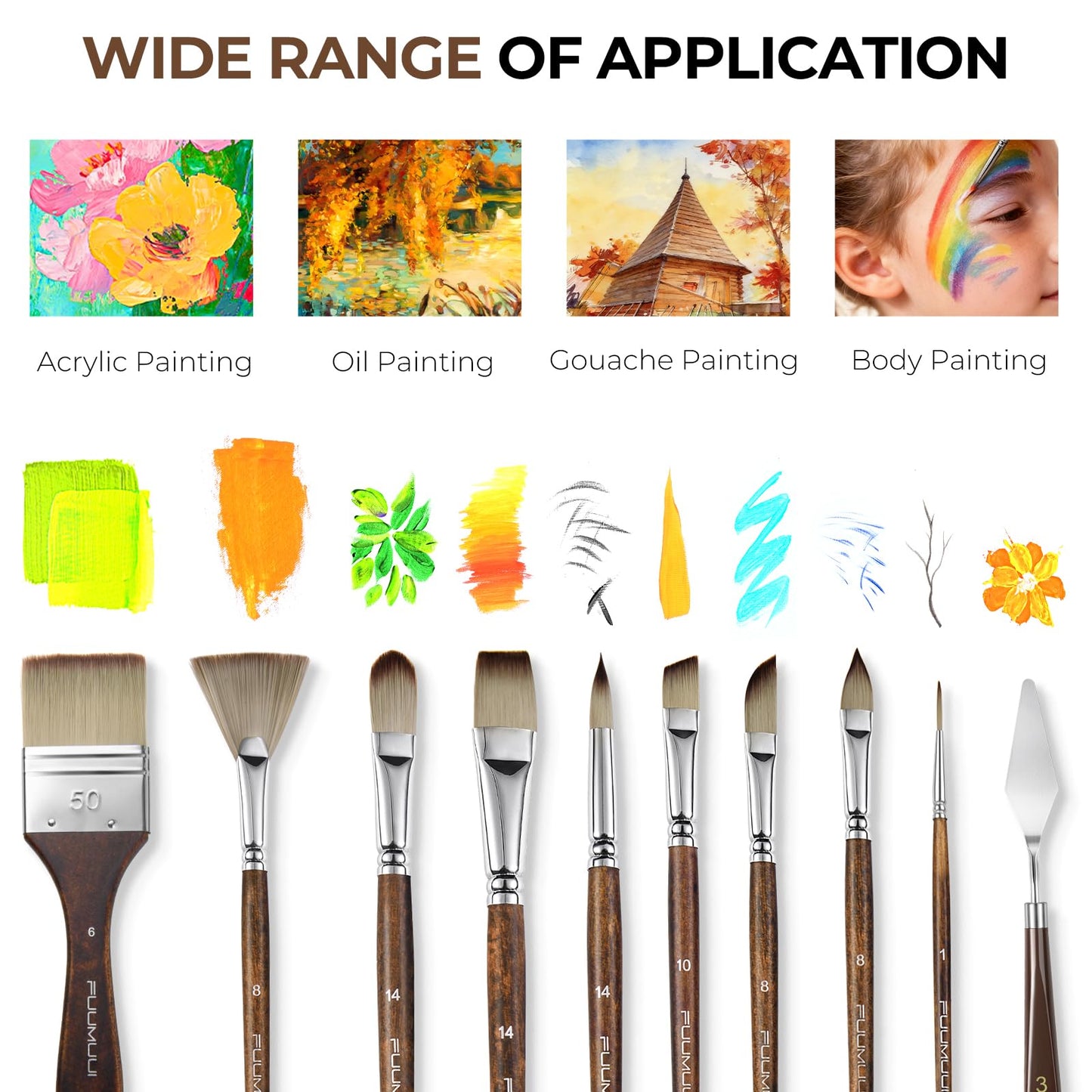 Fuumuui 25pcs Paint Brush Set, Professional 9 Shapes with Wide Flat, Filbert, Fan, Dagger, Cat Tongue, Round, Angle, Rigger for Acrylic Oil Watercolor | Includes Palette Knife & Waterproof Canvas Roll