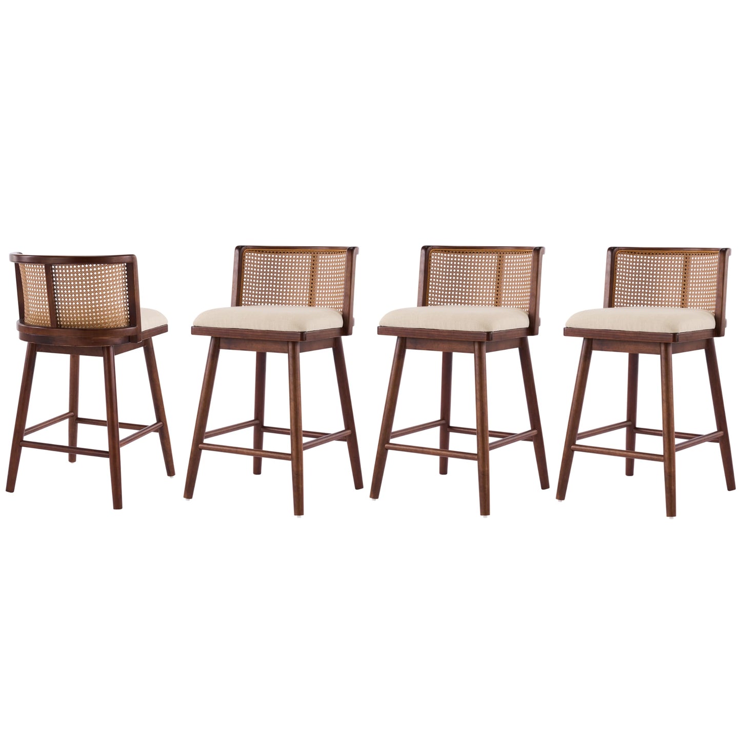 Christopher Knight Home Lious Counter Height Bar Stools Set of 4, Fabric Upholstered Bar Stool for Kitchen Island, Rubberwood Counter Stools with Woven Rattan Backrest, Beige + Dark Walnut