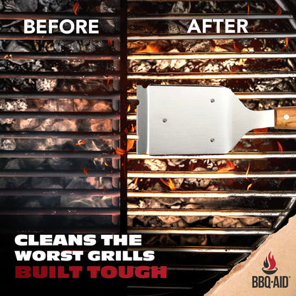 BBQ-AID Bristle Free Grill Brush and Scraper for Barbecue - Extended Large Wooden Handle with Replaceable Head - No Scratch BBQ Cleaning Accessories for Outdoor Grills