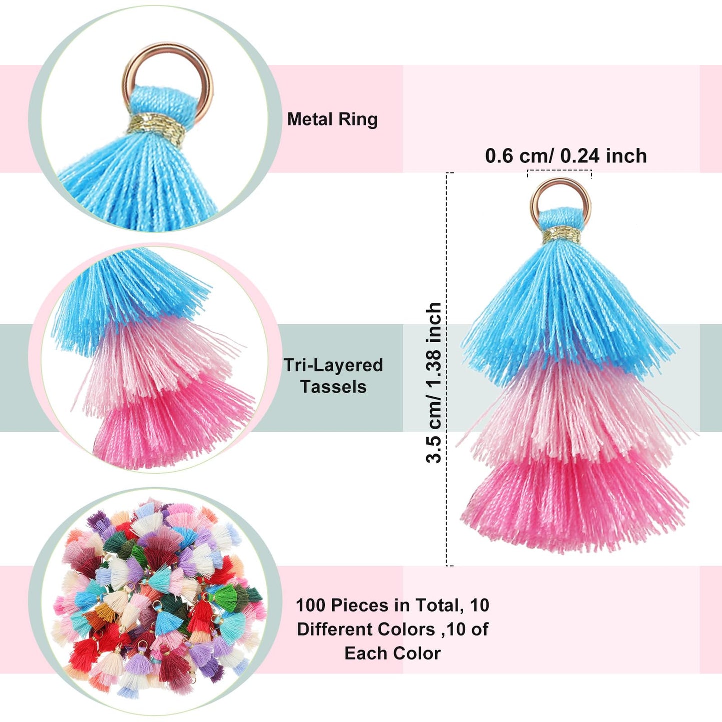 Dingion 100Pcs Tiny Tri Layered Keychain Tassels Mini Tassel Craft Jewelry Making Tassel for Earring Bookmark(Fresh Colors)