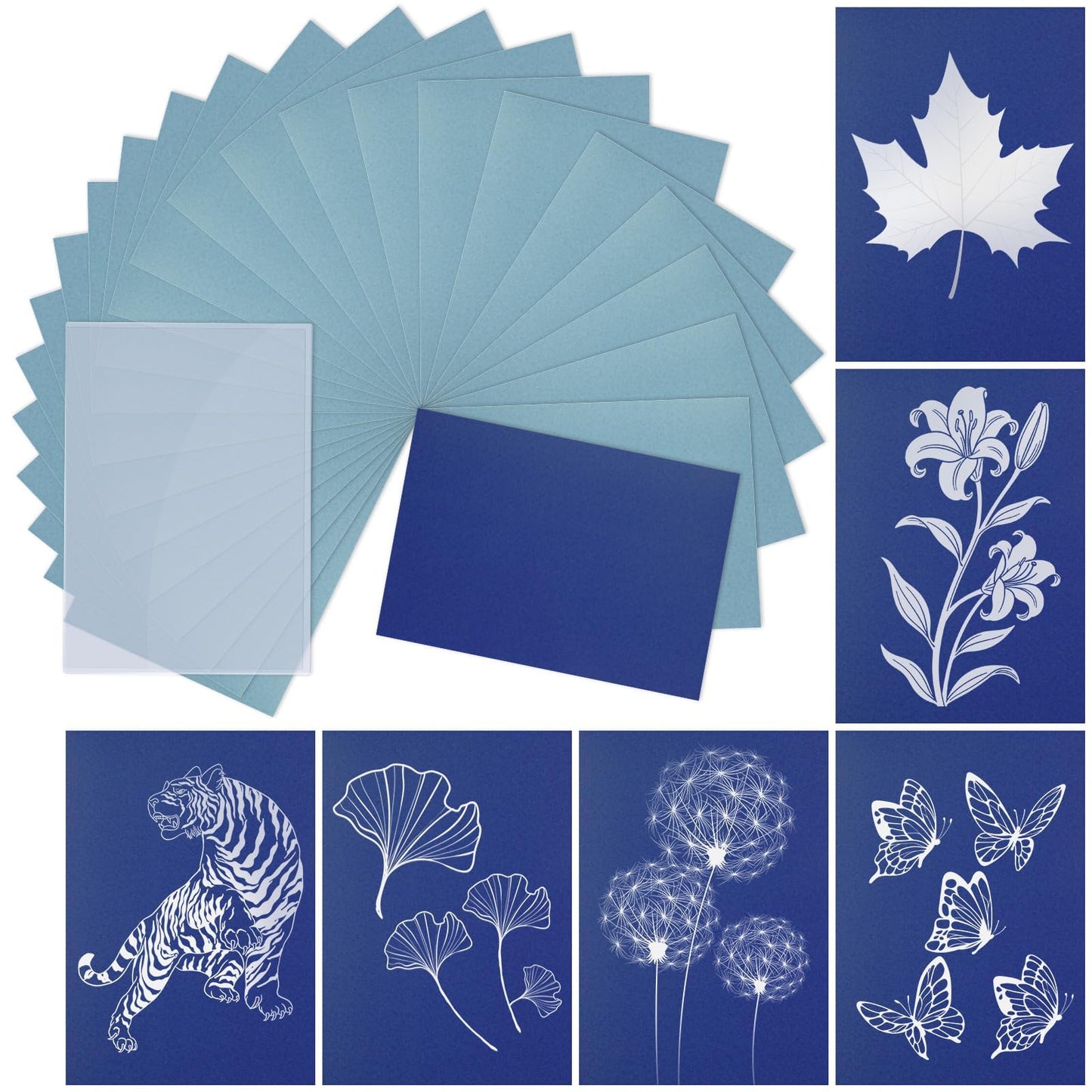gisgfim Sun Cyanotype Printing Paper Kit A4 24 Sheets Cyanotype Papers with 1 Sheet Acrylic Panel and Manual High Sensitive Nature Solar Activated UV Sun Printing for Arts DIY Crafts Project