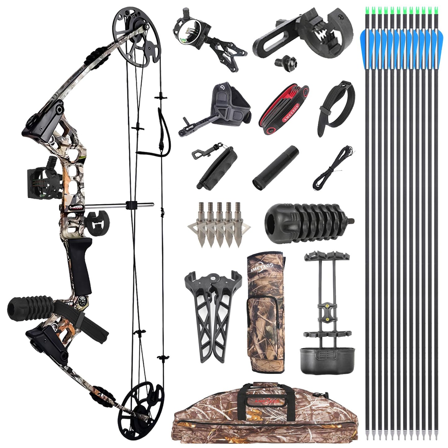 Compound Bow Kit, Hunting & Targeting, Gordon's Limb Made in USA, Draw Weight 19-75 lbs Adjustable, Draw Length 17”-29.5",up to IBO 325FPS Speed, with Archery Hunting Accessories (Right Hand, Camo)