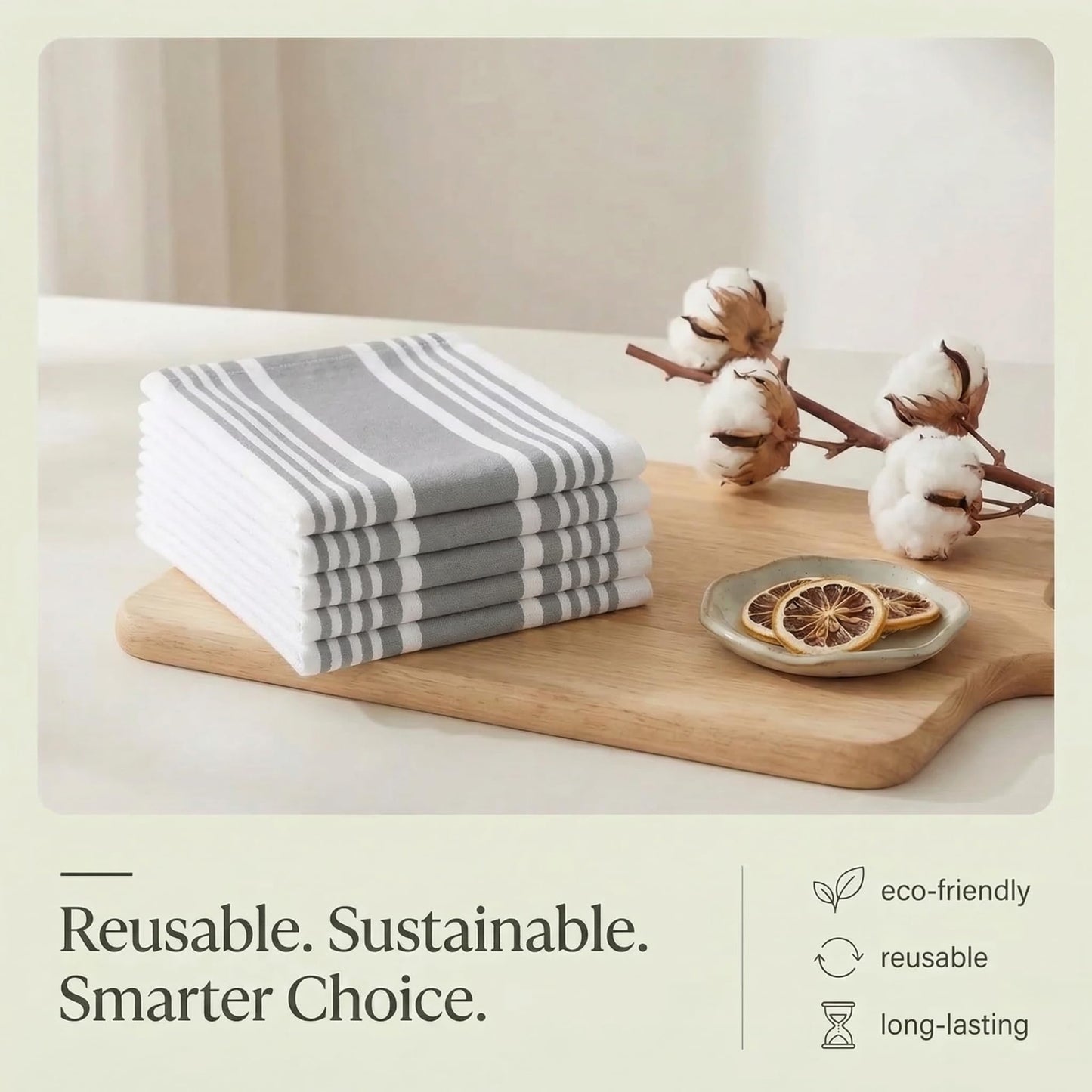Urban Villa Kitchen Towels 100% Cotton Dish Towels for Kitchen (Set of 6) 20”x30” Dish Cloths Highly Absorbent Kitchen Linen Set with Hanging Loop Perfect for Drying Dishes Cleaning Towels-Grey White