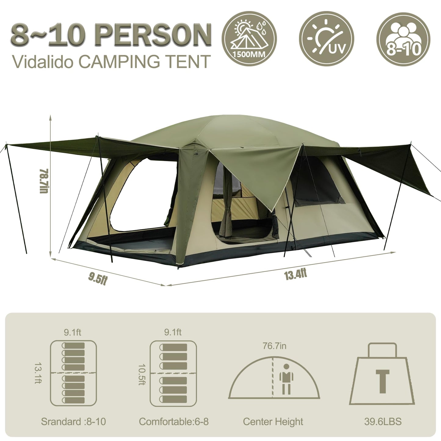 Vidalido 8-10 Person Camping Tent with 3 Door 2 Room Large Family Cabin Tents, Double Layer Waterproof Portable Glamping Tent, Big Tents for Outdoor Picnic Camping Hiking and Family Gathering