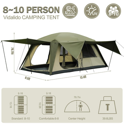 Vidalido 8-10 Person Camping Tent with 3 Door 2 Room Large Family Cabin Tents, Double Layer Waterproof Portable Glamping Tent, Big Tents for Outdoor Picnic Camping Hiking and Family Gathering