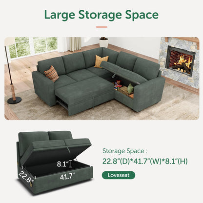 HONBAY Modular Sectional Sleeper Sofa with Pull Out Bed, Corduroy L Shaped Couch with Storage, Sectional Couches for Living Room, Green