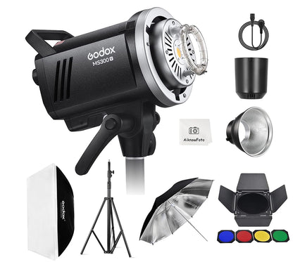 GODOX MS300V Studio Flash Photography Light Kit,2.4G 300W Bowens Mount Strobe Flash Lighting Kit with Light Stand,Softbox,Umbrella Reflector,GN58 Studio Lighting for Portrait Product Photography