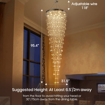 APBEAM Modern Large Crystal Chandelier for High Ceilings, Raindrop Round Large Foyer Chandelier, Luxury Flush Mount Ceiling Light Fixture for Stairse Entryway Living Room Dia 32" x H 96"-12 Lights