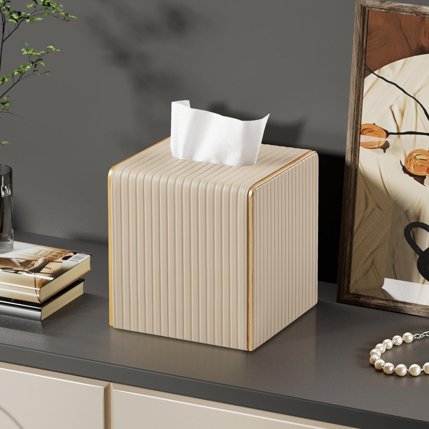 Square PU Leather Tissue Box Cover with Magnetic Closure, Decorative Tissue Holder & Storage Container for Bedroom, Living Room, Dining Room, Bathroom, Countertop, Desk & Office (Beige)
