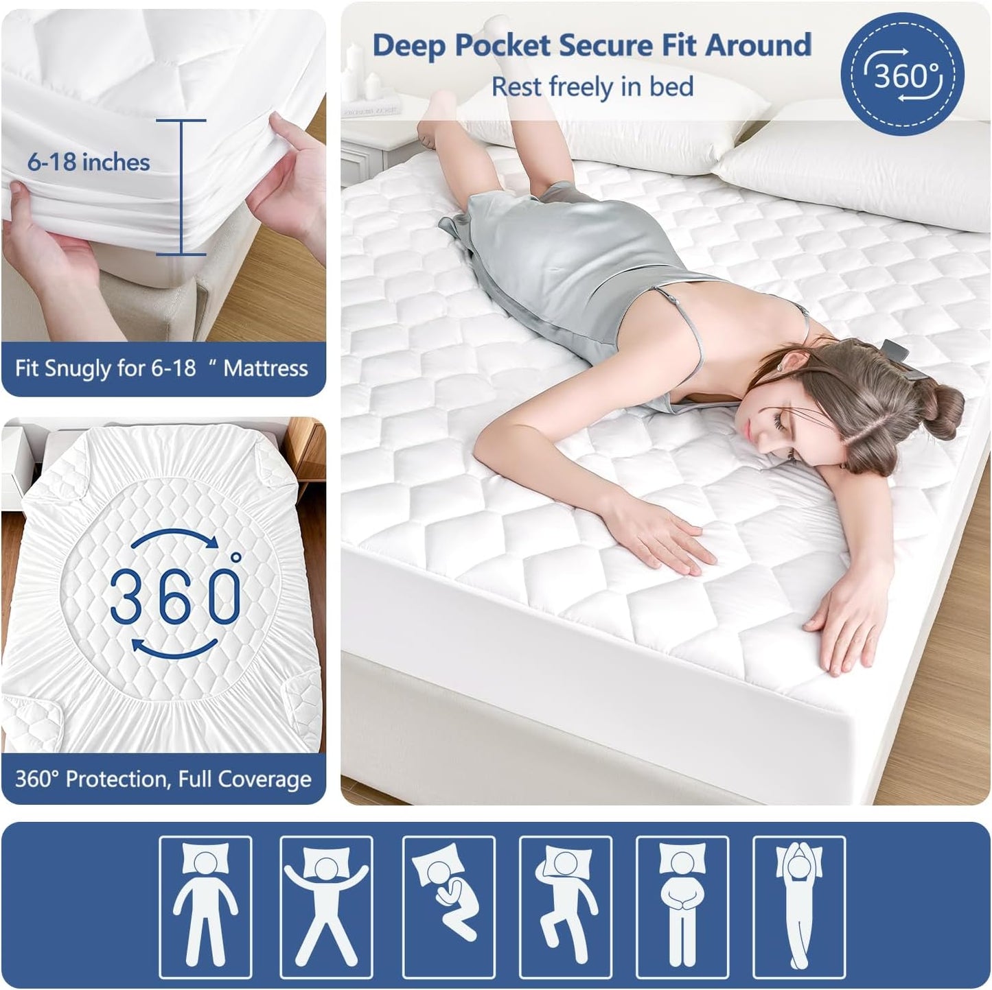 18 Full Size Mattress Protector Waterproof Washable Mattress Padded Cover Fitted Bed Protection Noiseless Plastic Bed