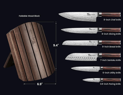 SYOKAMI 2026 Upgrade Knife Set 7 Piece Japanese Style Kitchen Knife Set With Foldable Magnetic Acacia Wood Block Sharp High Carbon Stainless Steel Chef Knives Set with Anti-slip Handle, Gift for Mom