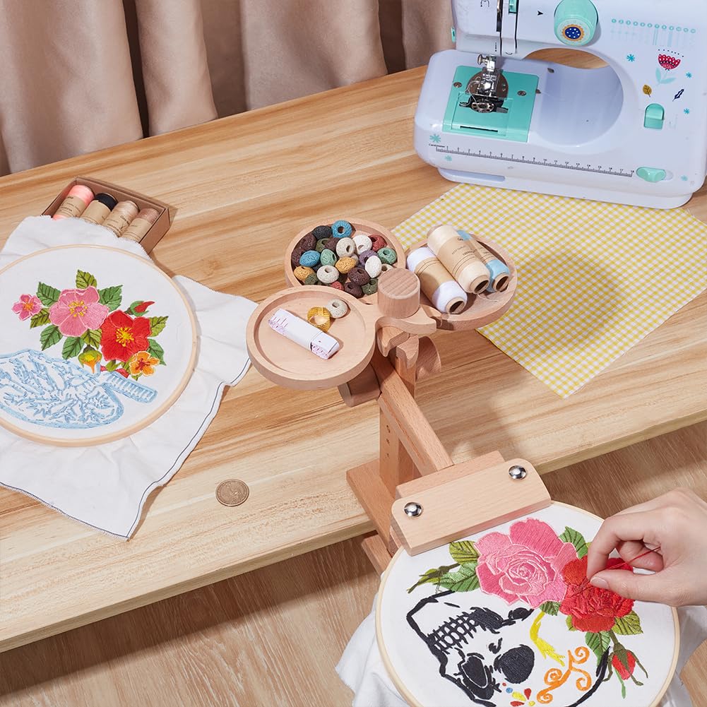 UNICRAFTALE Beech Wooden Embroidery Hoop Holders Stand Adjustable Stitching Stands Hands Sturdy Beech Wood Cross Stitch Stand Built-in Storage Tray for DIY Craft Needlework 38x20x18cm