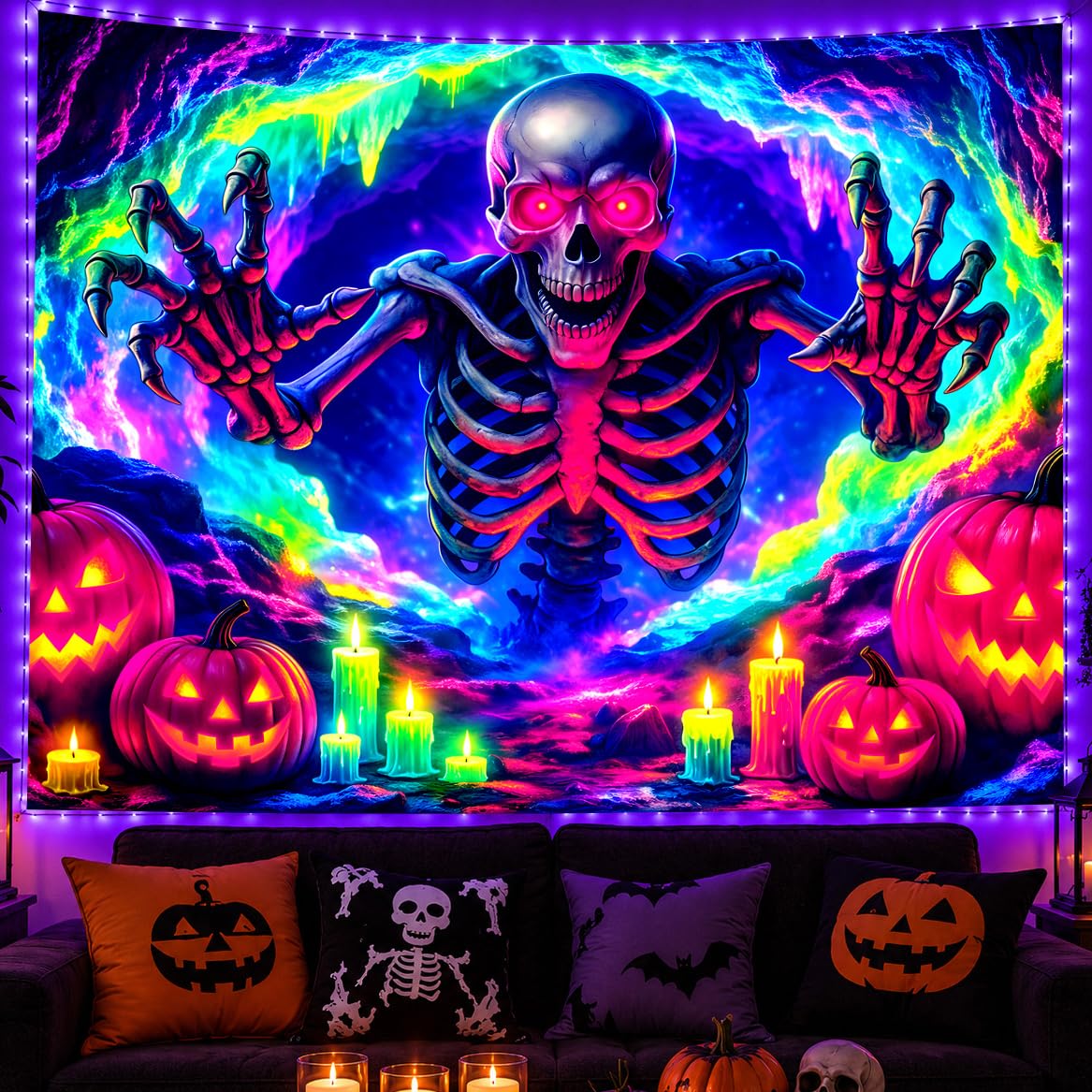 Neon Skeleton UV Tapestry 78.74X59.06in, Blacklight Reactive Tapestry Fluorescent, Hanging Neon Wall Tapestry for Bedroom Dorm, Room Tapestry Large Wall, Tapestry Room Backdrop, Halloween Decor