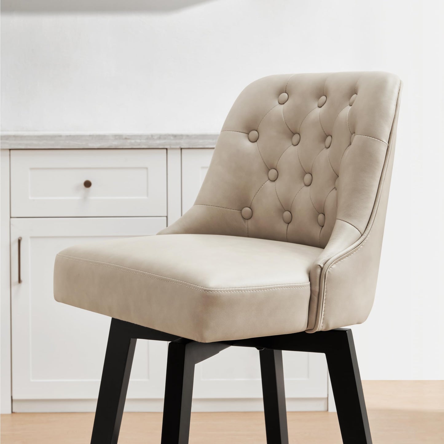 KISLOT Swivel Counter Height Bar Stools Set of 4, 26" Upholstered Faux Leather Barstools with Back,Thick Seat and Square Solid Wood Legs for Kitchen Island Home Bar, Beige