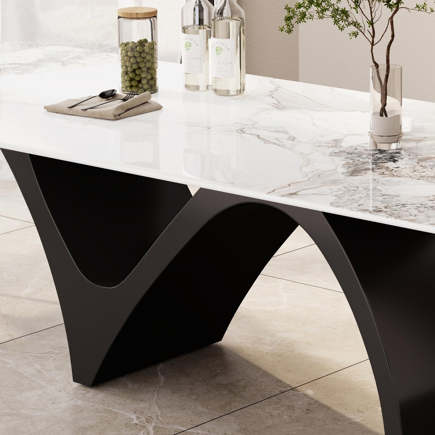 Modern Dining Table for 8-10, Sintered Stone Dining Tabletop with Unique N-Shaped Metal Base, 87" Rectangle Dining Table Large Dining Room Table Kitchen (Table Only)