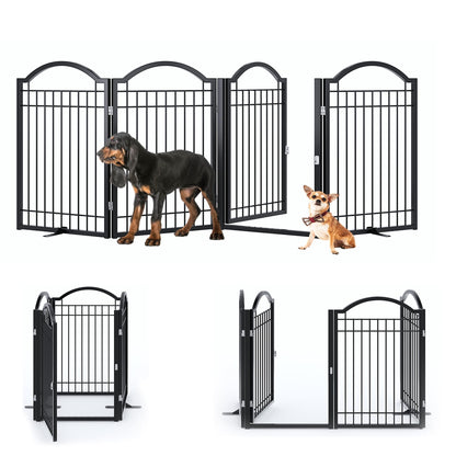 BHG Metal No-Assembly Freestanding Dog Gate with Door Walk Through, Extra Wide 96", Extra Tall 32" Pet Gate, Accordion Puppy Folding Playpen Dog Fence, with 2PCS Support (Black, 4 Panels)