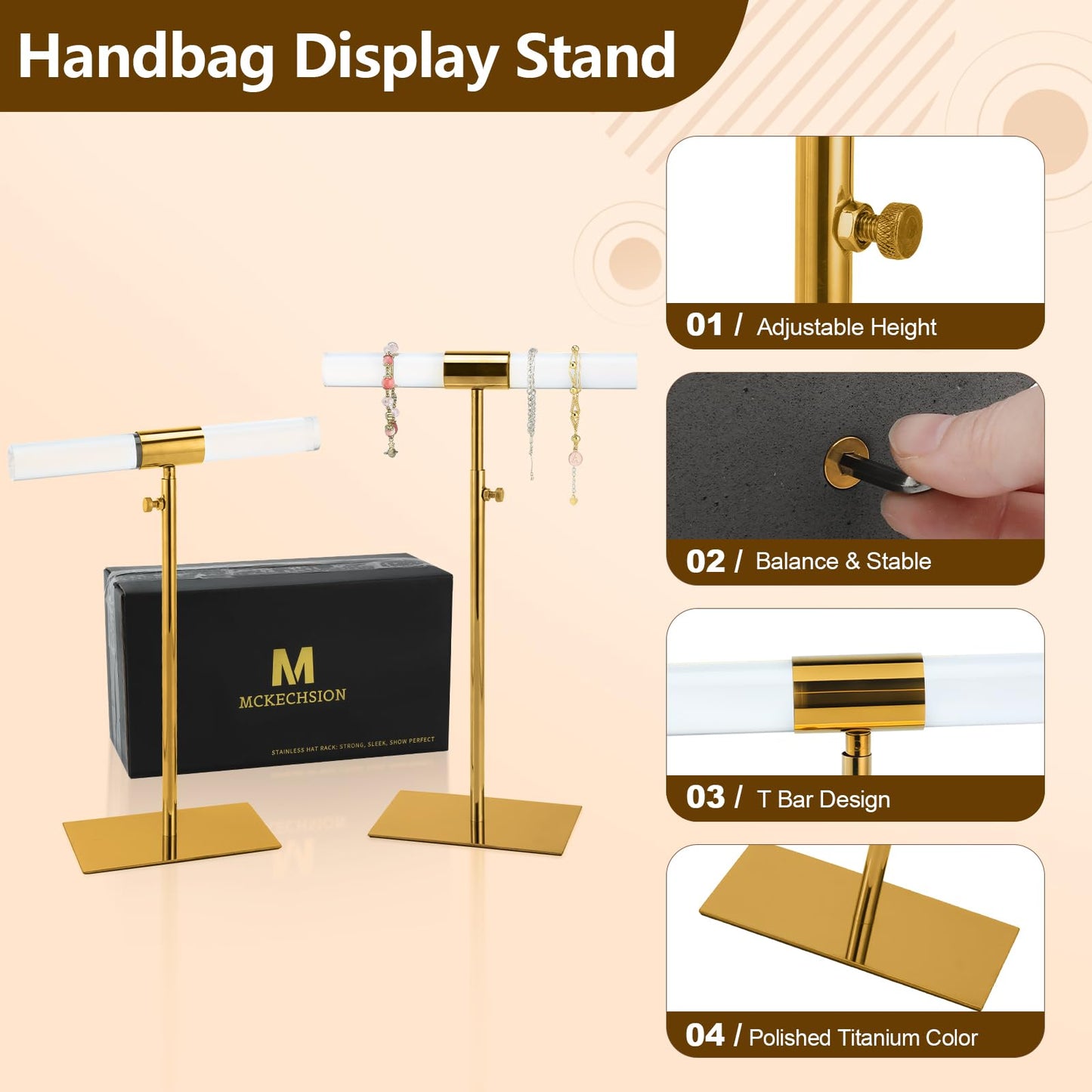 MCKECHSION Jewelry Display Stand 2 Packs Stainless Steel Purse Display Stand Acrylic Necklaces Holder Towers Adjustable Height Tabletop Jewelry Organizer for Home Store Boutique
