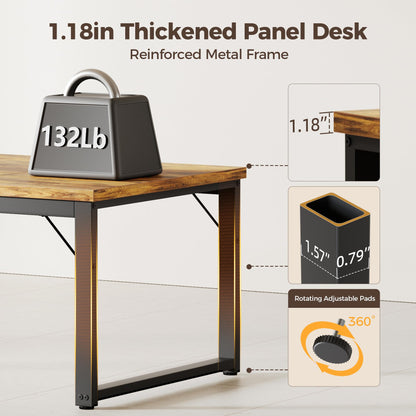 Mericonia 63 Inch Large Computer Desk with Power Outlets, 1.2" Thick Heavy Duty Industrial Office Desk, Modern Simple Study Writing Table for Home Office Bedroom Workstation, Brown