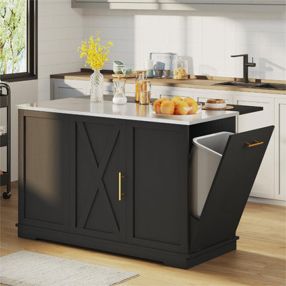 DWVO Kitchen Island with Seating and Stainless Steel Countertop, 47'' Rolling Garbage and Recycling Island with Folding Drop Leaf, Tilt-Out Trash Cabinet for 13-Gallon Bin, 2-Tire Spice Rack, Black