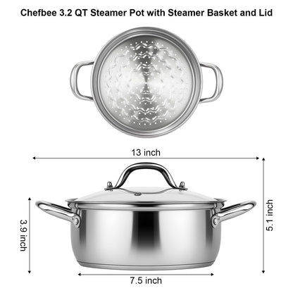 Chefbee Stainless Steel Steamer Pot - 3.2QT Steamer for Cooking with Food Basket, Steaming Cooking Pot Kitchen Cookware for Vegetable, Food, Dumplings, Soup