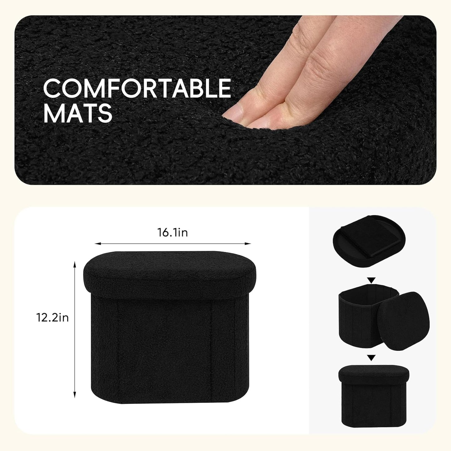 16.1"x12.2"x12.2" PINPLUS Storage Ottoman Boulce Tufted Oval Small Ottomans Bench Foot Rest with Storage (Black)
