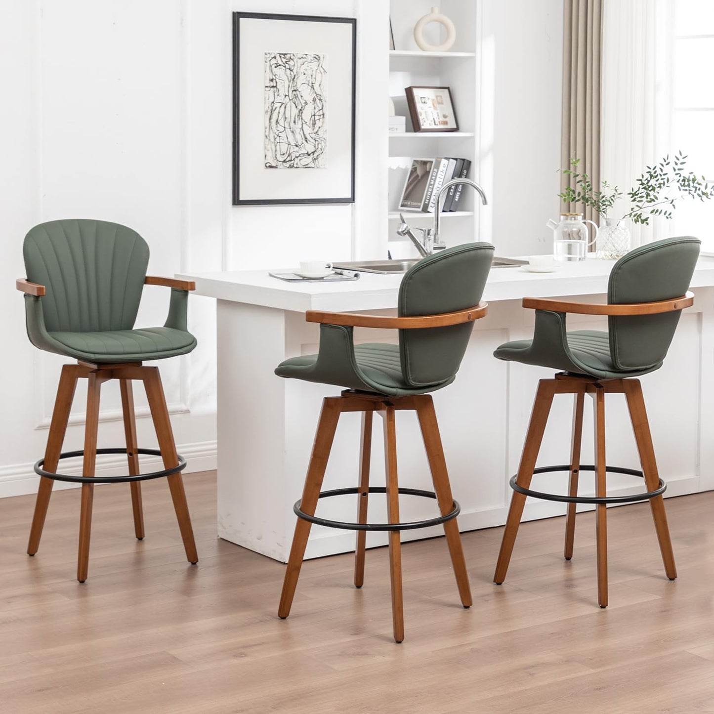 LUNLING 30” Bar Height Stools Set of 3.Mid Century Modern Bar Stools,Green PU Leather Kitchen Island Stools,Wood High Barstools Swivel with Back and Arms for Home Bar Furniture