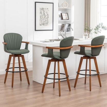 LUNLING 30” Bar Height Stools Set of 3.Mid Century Modern Bar Stools,Green PU Leather Kitchen Island Stools,Wood High Barstools Swivel with Back and Arms for Home Bar Furniture
