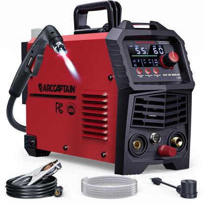 ARCCAPTAIN 55Amp Plasma Cutter, Blowback Non-HF Pilot Arc Plasma Cutting Machine + Large View 3.94" x 3.66" True Color Auto Darkening Welding Helmet with Light