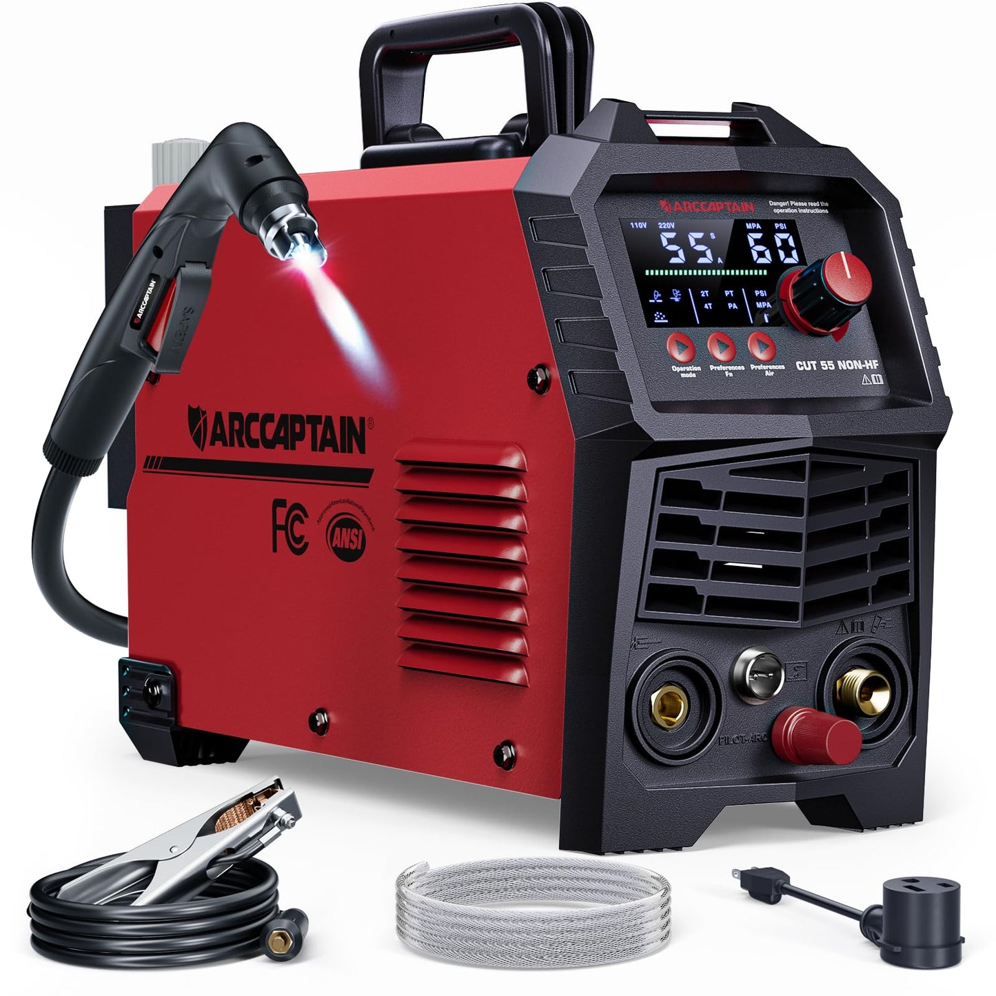 ARCCAPTAIN 55Amp Plasma Cutter, Blowback Non-HF Pilot Arc Plasma Cutting Machine + ARCCAPTAIN Internal Control Auto Darkening Welding Helmet