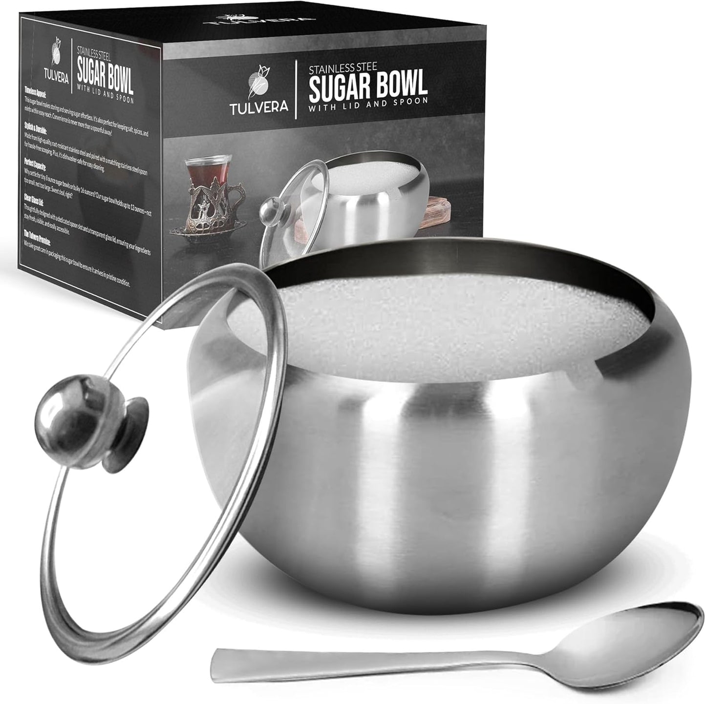 12oz Countertop 350ml Sugar Bowl with Lid and Spoon | Sugar Container for Coffee Bar | Stainless Steel Holder Jar