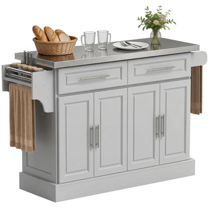 HOMCOM Rolling Kitchen Island Cart with 47" Stainless Steel Top, Portable Island Table for Kitchen with Wheels, Adjustable Shelves, 2 Drawers, Spice, Knife and Towel Rack, Gray