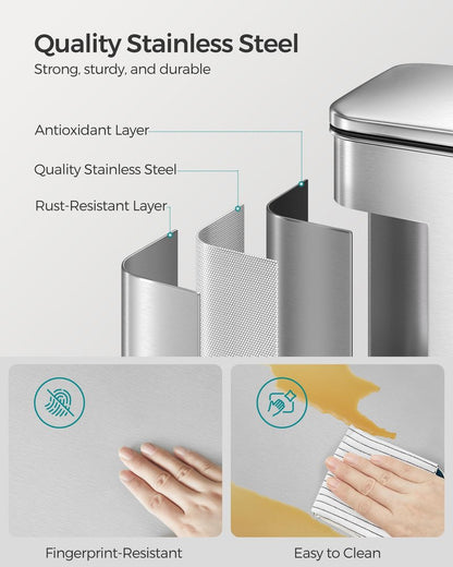 SONGMICS Kitchen Trash Can, 10.5 Gallon (40 L) Garbage Can, Large Step Trash Bin with Lid, Stainless Steel, Soft Close, 15 Trash Bags Included, Silver ULTB540E40