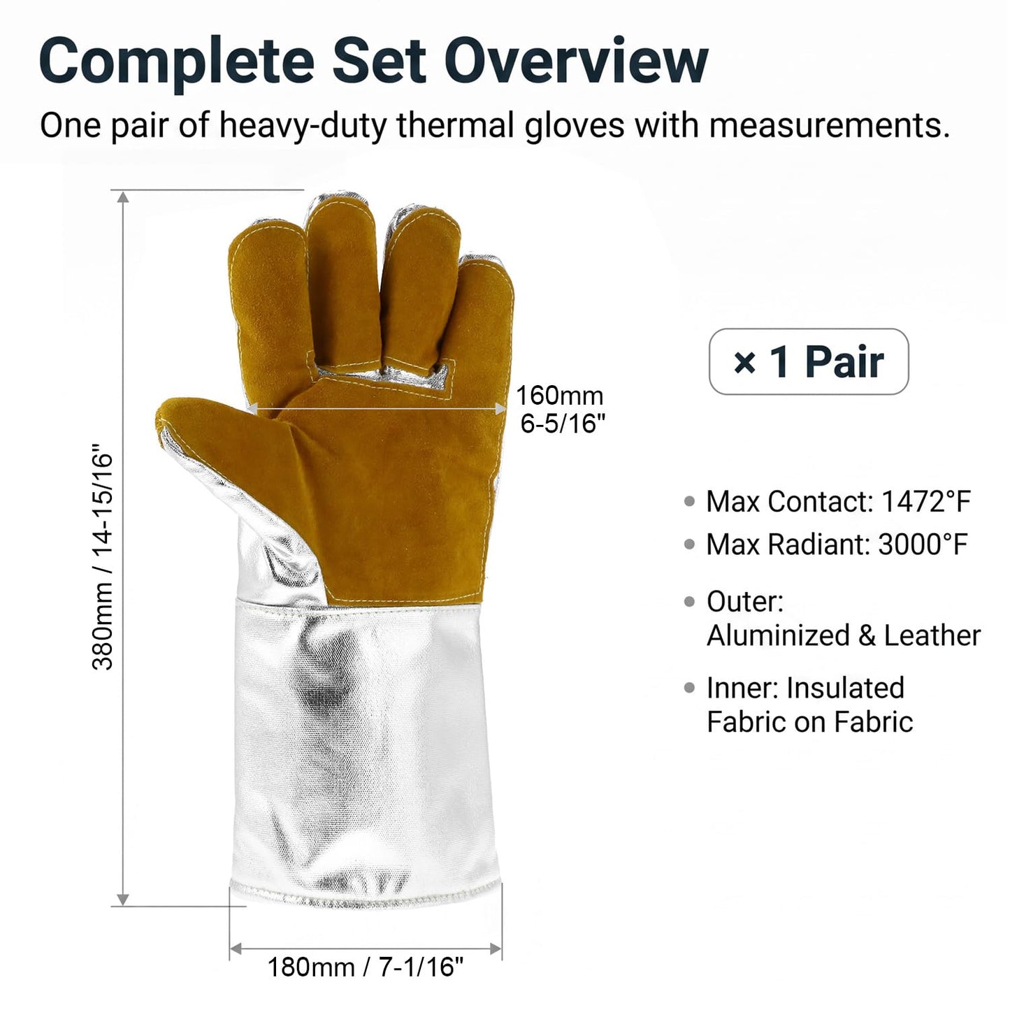 QWORK High Temperature Aluminized Welding Gloves, 14-Inch Heat Resistant Safety Workwear for Smelting & Metal Industries, 972°F Resistance