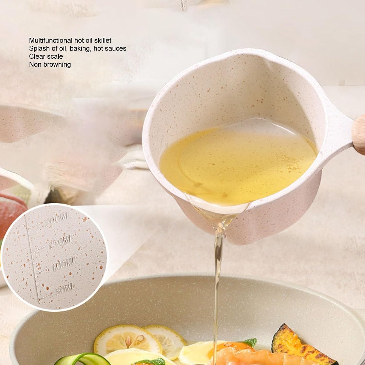 Kitchen Aluminum Nonstick Sauce Frying Pan with Wooden Handle and Pour Spouts for Heating, Boiling, Frying (White)