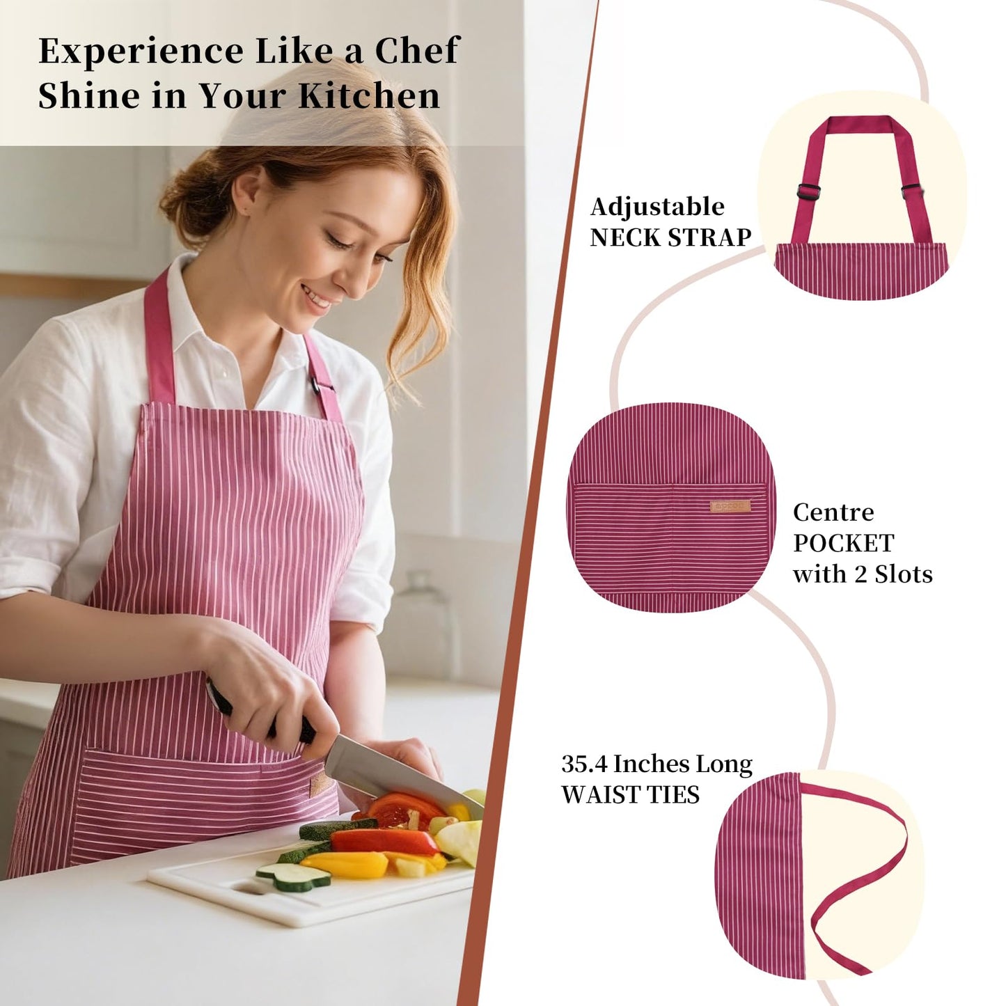 ARBINSON 2 Pack Cooking Aprons Adjustable Bib Apron for Women with 2 Pockets, Kitchen Restaurant Men Chefs Aprons (Black/Wine Stripes)