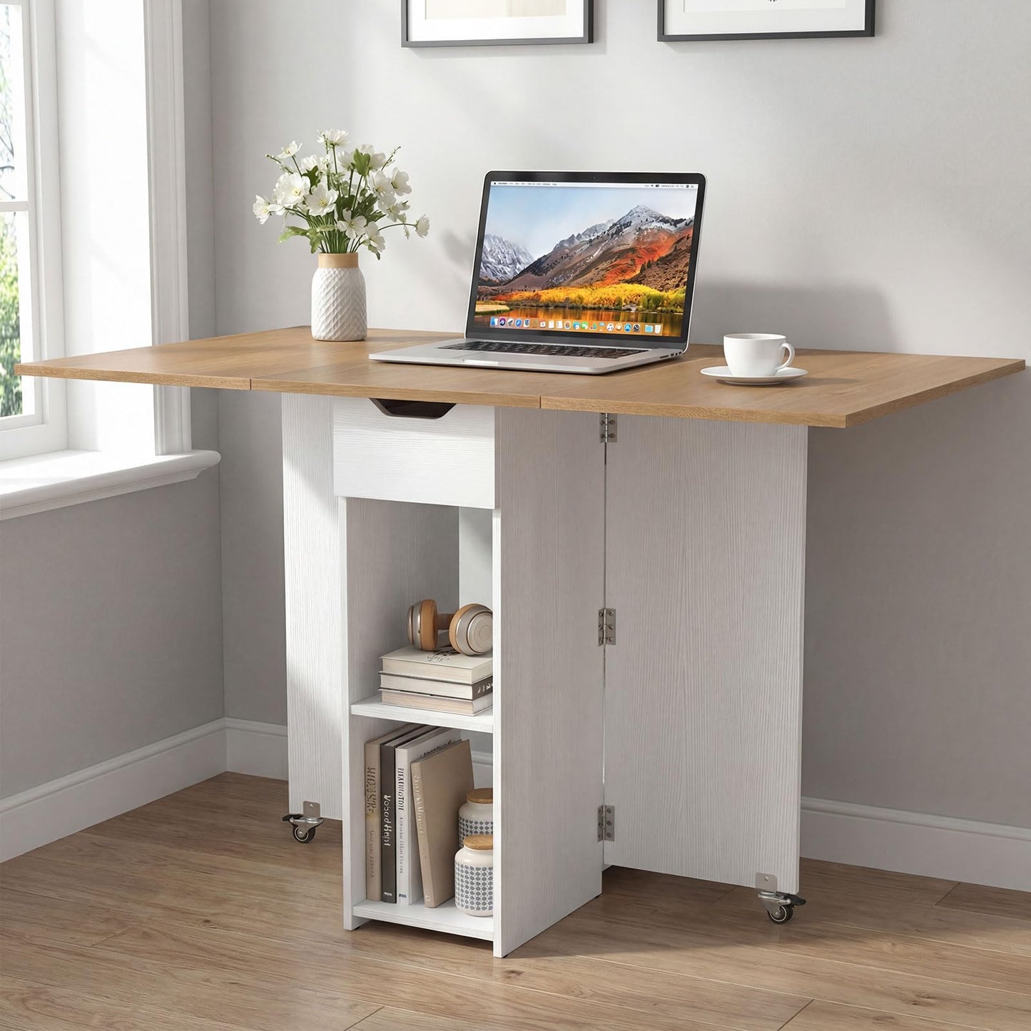 GOFLAME Drop Leaf Dining Table for 2-4, Folding Kitchen Table with Open Shelves & Drawer, Lockable Wheels, Space Saving Extendable Table for Dining Room, Living Room, Small Space, Natural & White