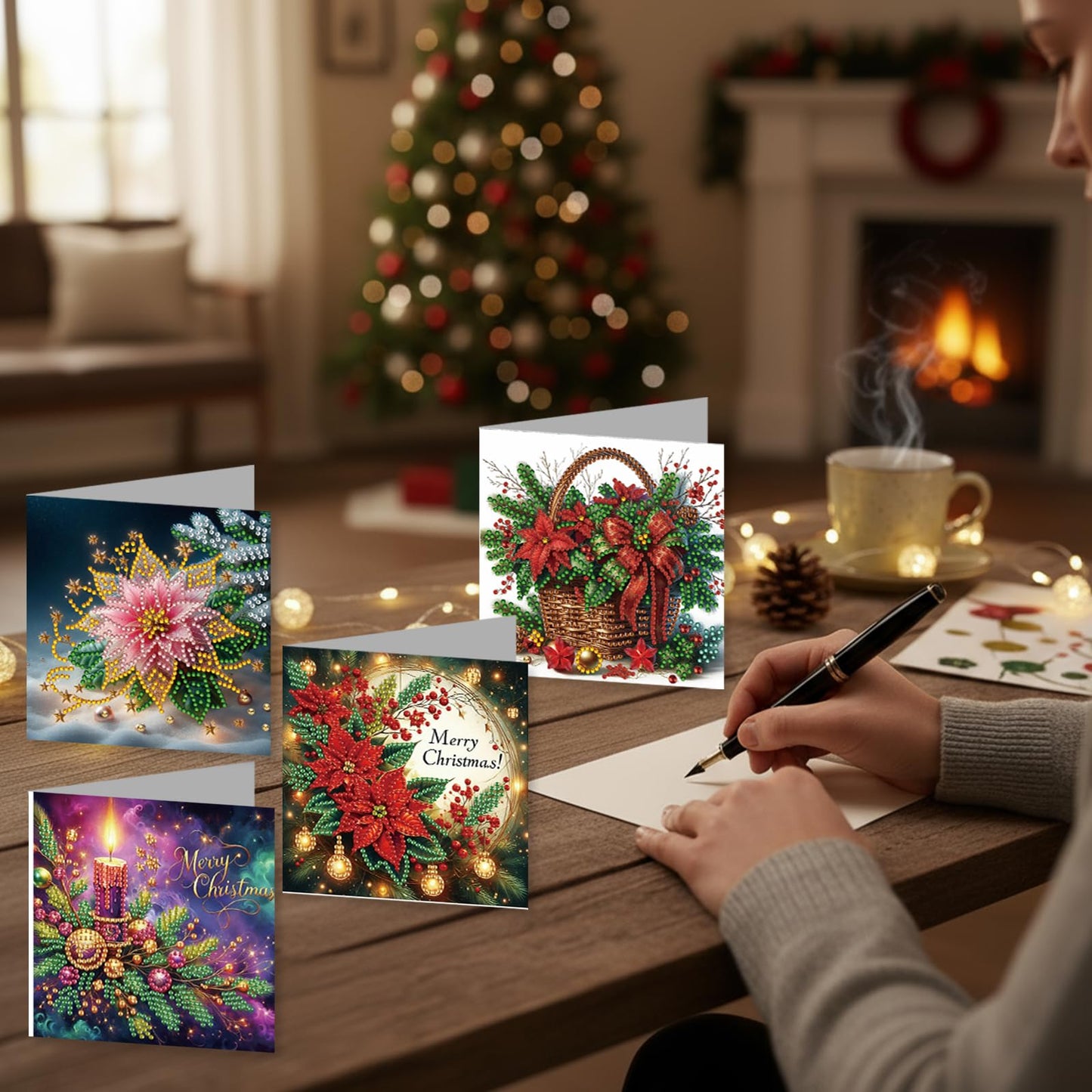 C'eitura 12 Pack Poinsettia Diamond Art Greeting Cards with Envelopes - 5D DIY Diamond Painting Card Kit for Christmas, Birthday, Mother's Day - Handmade All Occasion Stationery Gifts for Adults Beginner