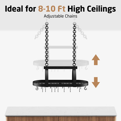 KES 48 Inch Large Hanging Pot Rack, Heavy Duty Oval Pot and Pan Hanging Rack Ceiling Mount, Pot Pan Hangers for Kitchen with 20 Hooks, Matte Black, (For 16" and 24" Joist Mount), KUR225S122-BK