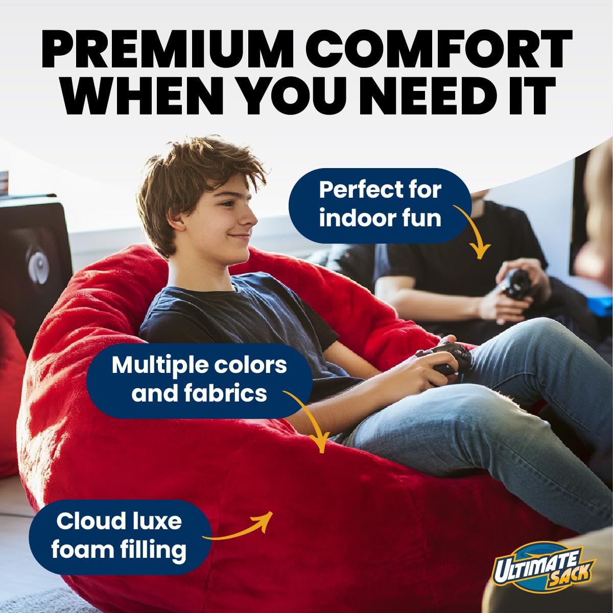 Ultimate Sack 5000 5-Foot Bean Bag Chair, Navy Fur Cover – Oversized Foam Lounger, Floor Seat, Small Sofa, or Couch Bed for Living Area, Gaming Room, or Reading Lounge