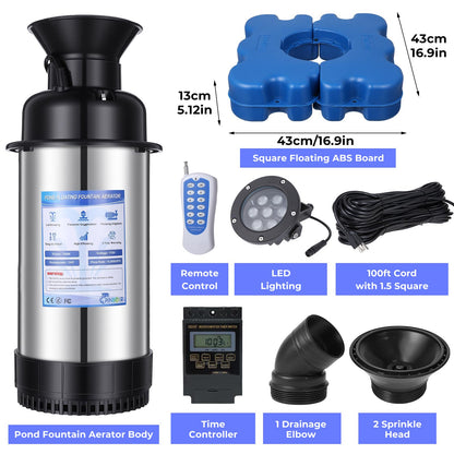 Pond Fountain Aerator with Led Lights RGB-15000 GPH,110V 1HP 750W Floating Fountain Aeration for Large Ponds,Aerating Fountain Pump for Outdoor Ponds & Lakes with 15A/100FT Power Cord